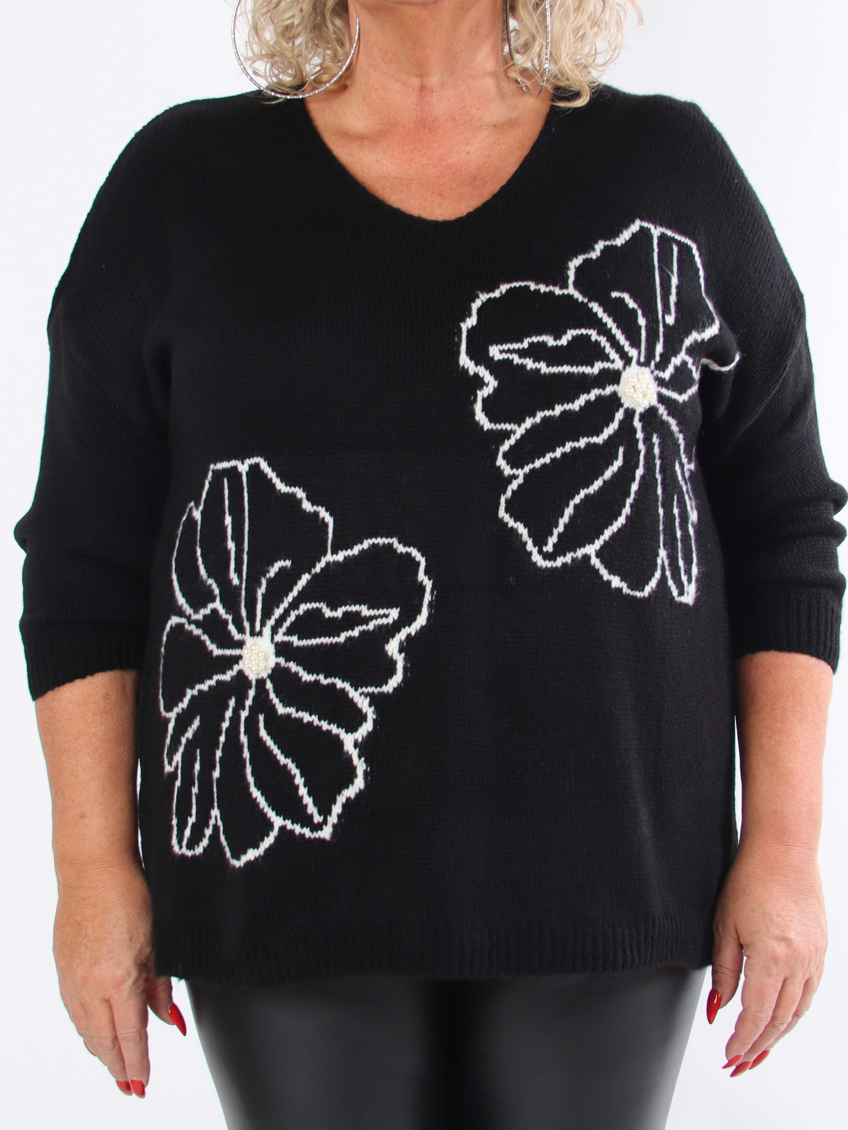 Delores - Plus size strik med blomstermotiv og perler